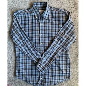 Peter Millar Blue‎ White Plaid Long Sleeved Men's Button Down Shirt Size Medium